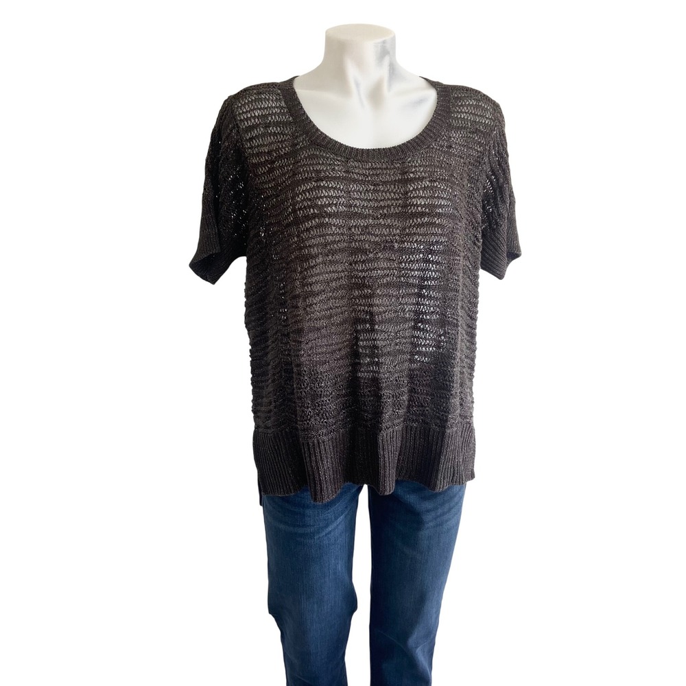 Eileen Fisher Womens Brown Linen Cotton Open Knit Short Sleeve Sweater Medium